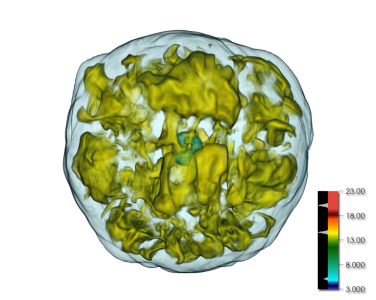 The entropy of the inner 250 kilometers of a 15 solar-mass star during a 3D simulation of a core-collapse supernova using the CHIMERA code. Large-scale distortion of the supernova shock can be seen, along with smaller-scale convection. Visualization by Mike Matheson.
