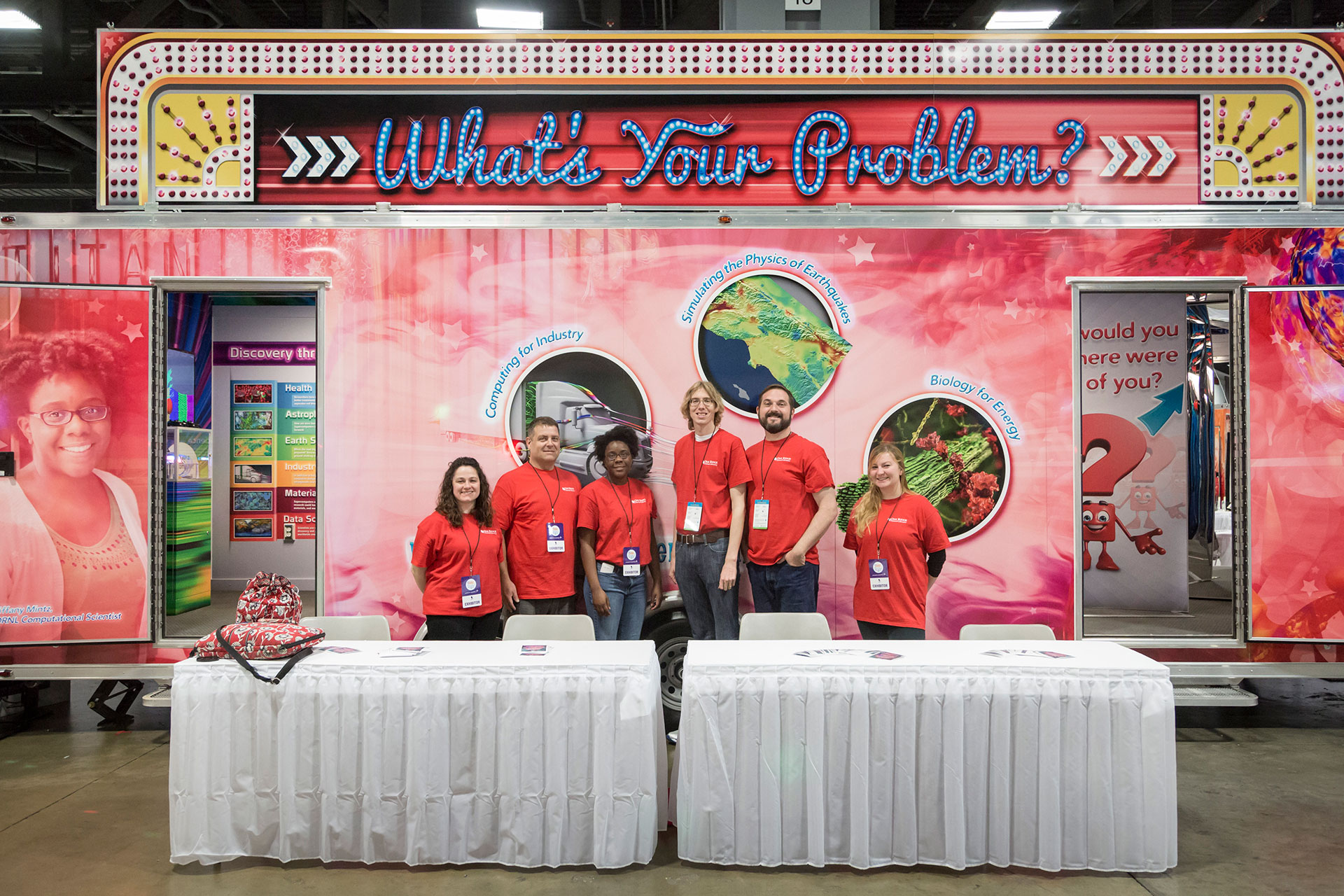 ORNL staff members (from left) Suzanne Parete-Koon, Kevin Bivens, Tiffany Mintz, Jonathan Hines, Jayson Hines, and Kat Engstrom talked to thousands of attendees about how supercomputers are being used to solve the world’s biggest problems at the USA Science and Engineering Festival in Washington DC. In addition to working at the April event, OLCF staff helped design the exhibit.