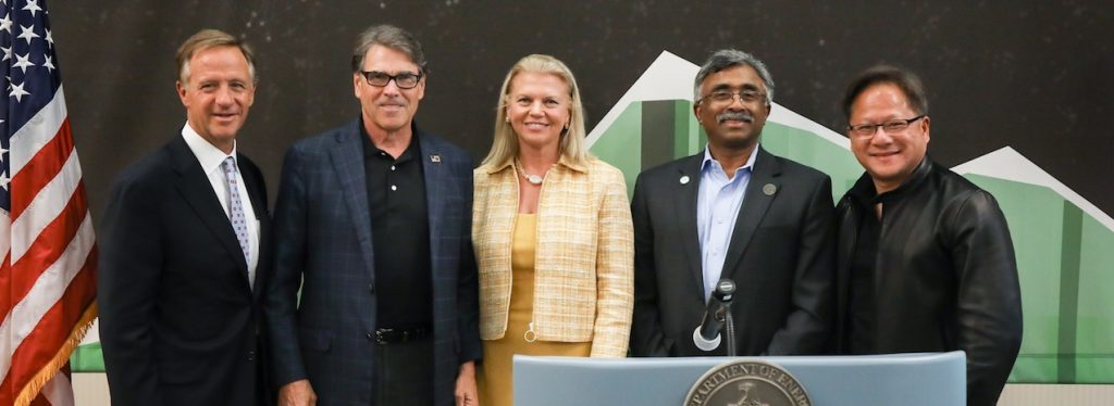 Pictured (left to right): TN Governor Bill Haslam, US Secretary of Energy Rick Perry, IBM CEO Ginni Rometty, ORNL lab director Thomas Zacharia, and NVIDIA CEO Jensen Huang. On June 8 ORNL launched its newest supercomputer: the IBM AC922 Summit, located at the OLCF.