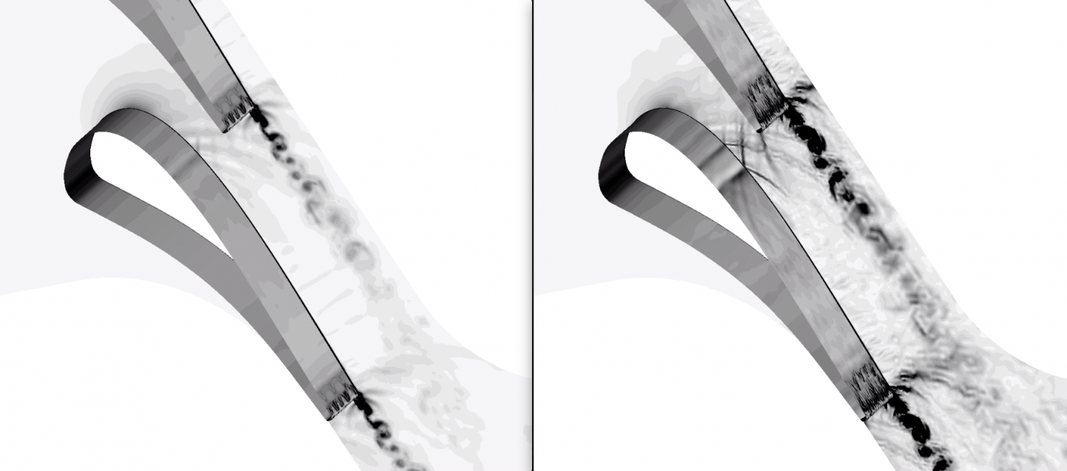 GE's GENESIS solver (right) preserves many more wake details of interest in the flow field compared with a commercial solver (left). Image Credit: University of Kansas
