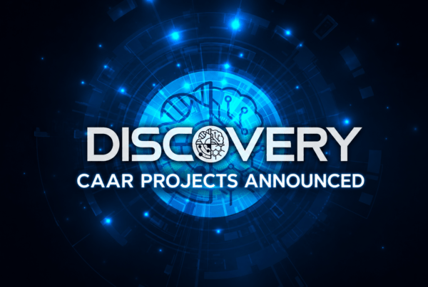 Discovery CAAR Projects Announced text overlayed on a black background with blue particles and scientific imagery.