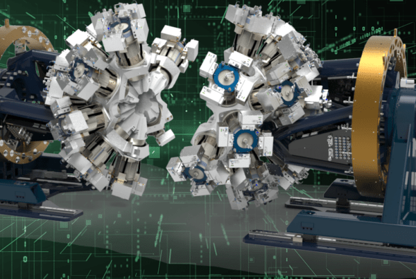 Illustration of the GRETA detector, a spherical array of metal cylinders. The detector is divided into two halves to show the inside of the machine. Both halves are attached to metal harnesses, displayed against a black and green cyber-themed background.