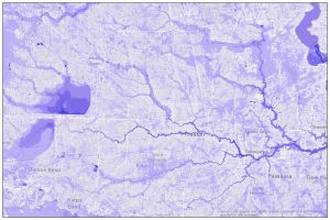 Purple simulated map of flooding in Houston, Texas